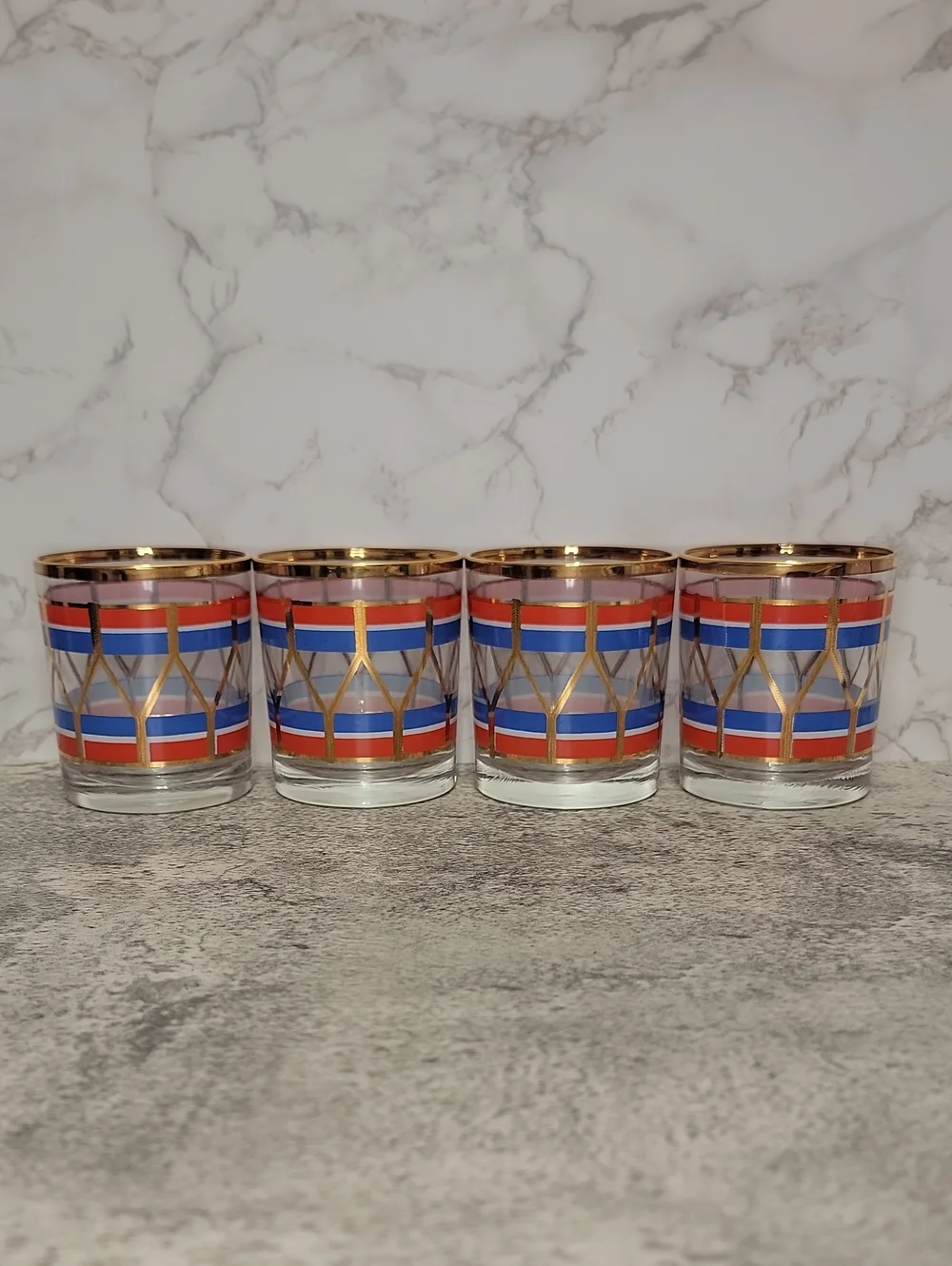 Vintage Fabrico Red and Blue Gold Rim Rocks Glasses Set of Four